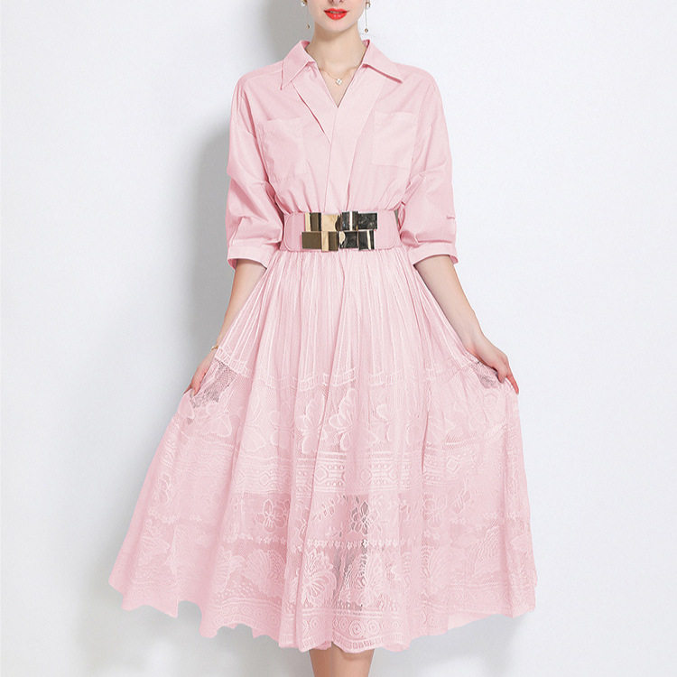 Elegant V Neck Lace Trimmed A Line Dress for Women Three Quarter Sleeves Princess Style Perfect for Formal Occasions
