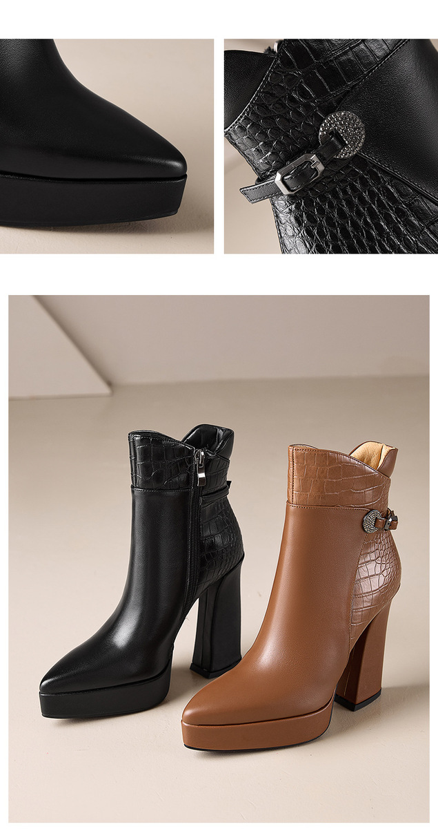Boot nữ cổ thấp da bò mũi nhọn gót nhọn siêu cao phối khóa kéo bên — màu đen, nâu