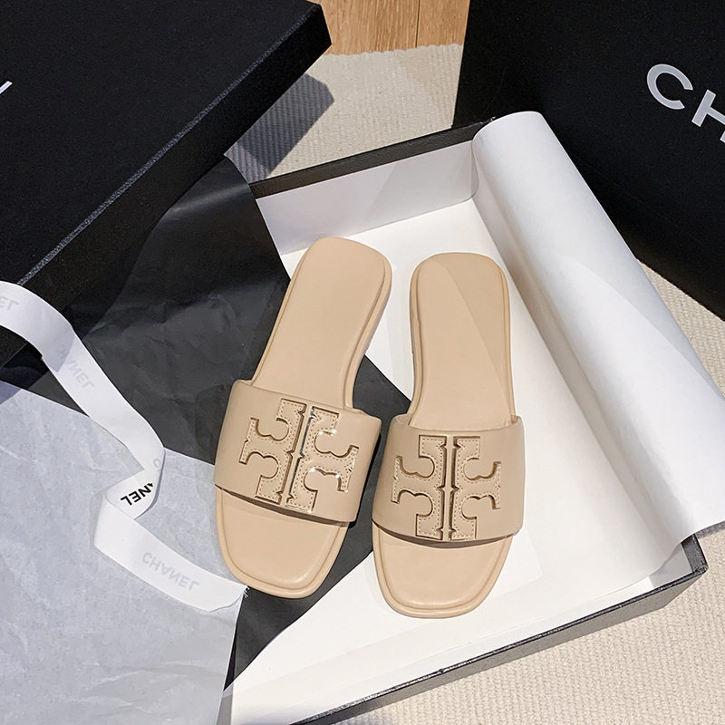 TB Leather Slippers American Women's Slippers Big Brand Slippers Fashion plus size European and American Cross-border Flat Slippers for Women