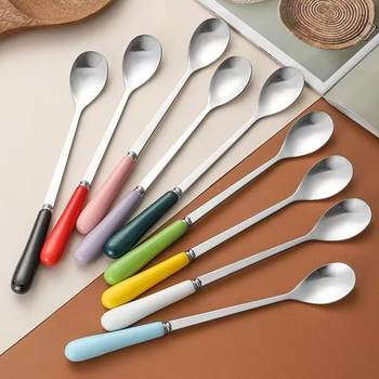 Manufacturer Stainless Steel Tableware Spoon Chaozhou Ceramic Cup Matching Small Spoon Long Ice Spoon Stirring Dessert Spoon Coffee Spoon