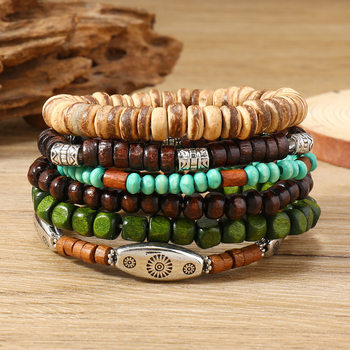 New wooden bead alloy CCB6 piece set multi-layer elastic bracelet bracelet European and American simple retro multi-piece bracelet