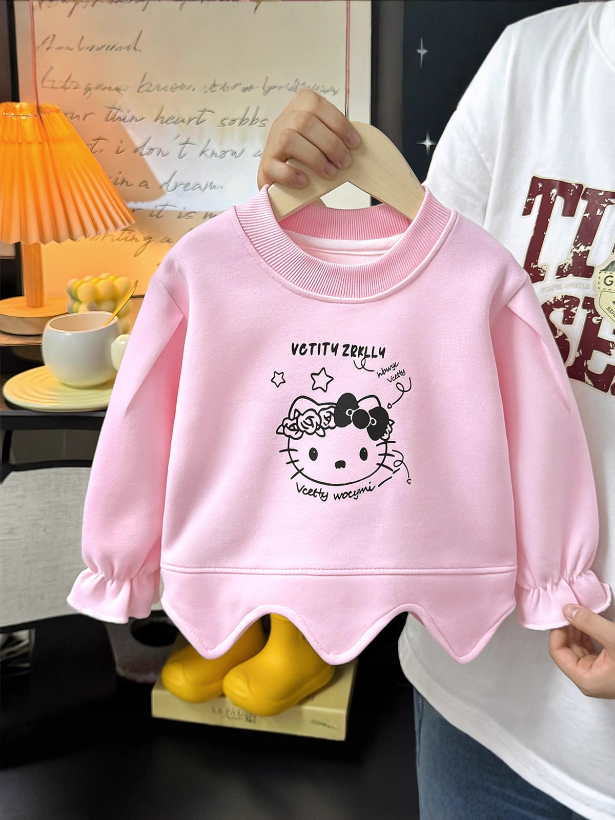 Girls' Autumn Crew Neck Hoodie, Wave Hem Solid Color Pullover, Spring & Autumn Casual Hoodie