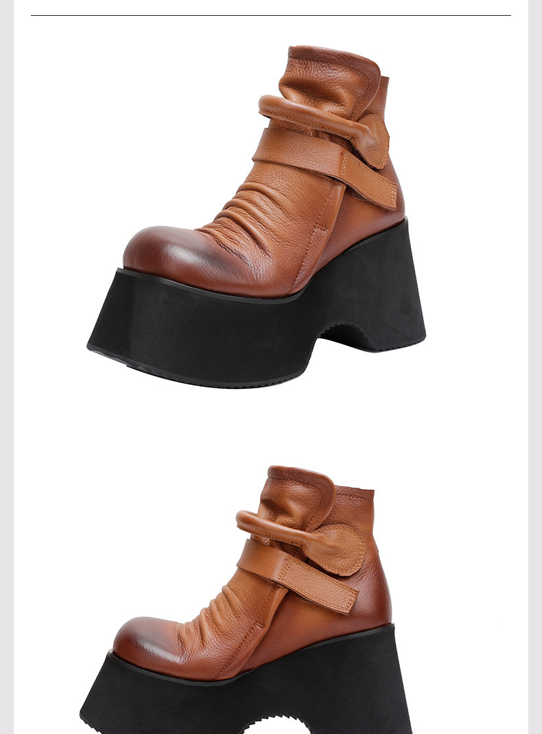 Boot nữ da thật đế dày 10cm gót xuôi mũi tròn dán quai — Màu đen, Màu đen lót nhung, Màu nâu, Màu nâu lót nhung