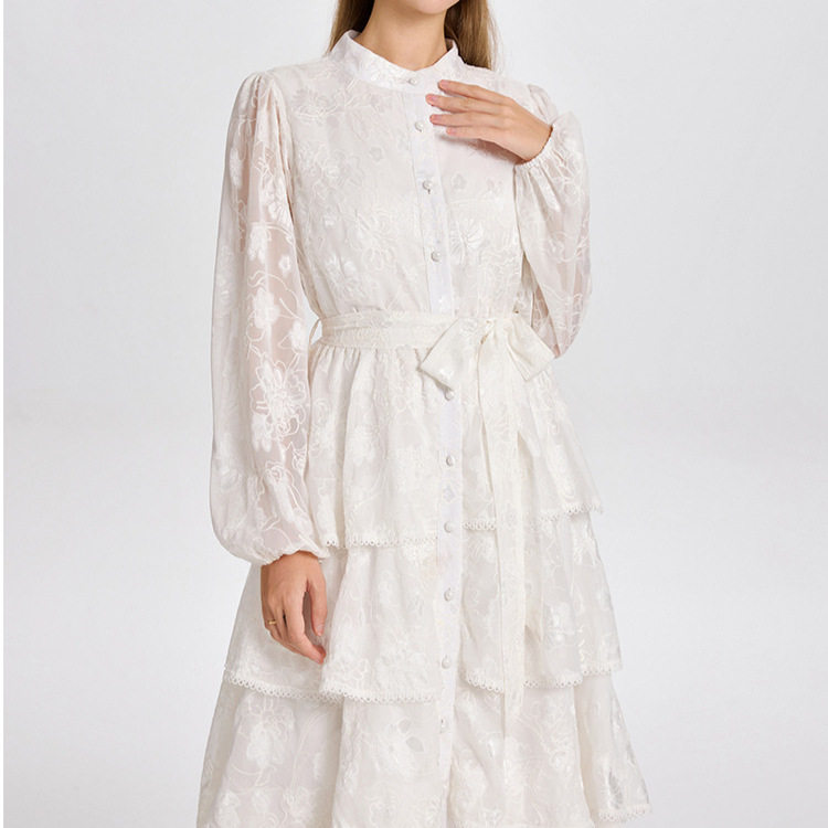 Elegant Lace Trimmed Ruffled Hem Dress High End French Style Waist Tie Slim Fit Autumn Fashion for Women Wholesale