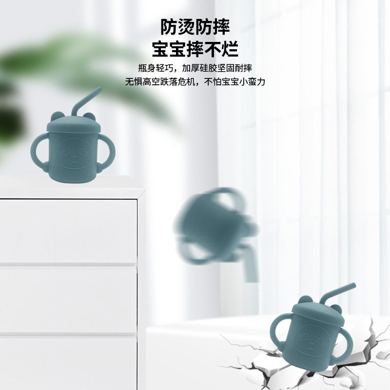 Silicone Water Cup with Double Handles and Double Straws, Cartoon Baby Learning Drinking Cup, Special Silicone Cup for Children and Babies, Tableware