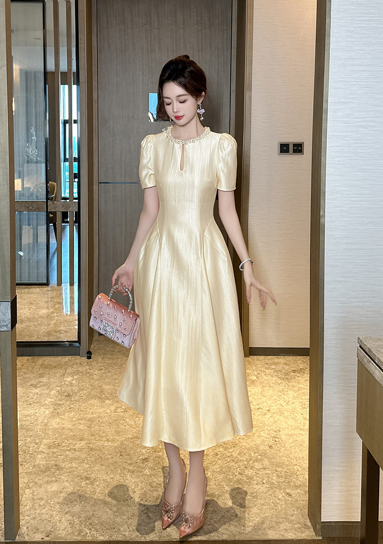 Đầm maxi nữ thắt eo cổ tròn tay ngắn phong cách Pháp — [Màu champagne] chi tiết 8