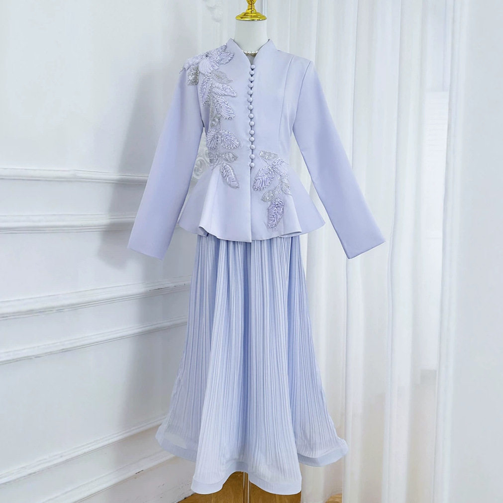 French Style V Neck Embroidered Jacket with High Waisted Pleated Skirt Elegant Lightweight Luxury Two Piece Set for Autumn