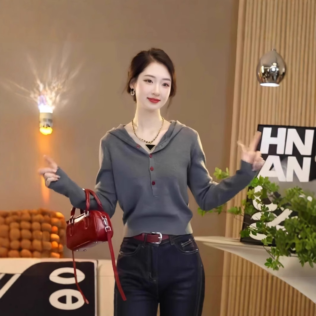 European Design Niche Simple Hooded Sweater for Women Autum 2025 New Versatile Fashionable Foreign Style Knitted Top