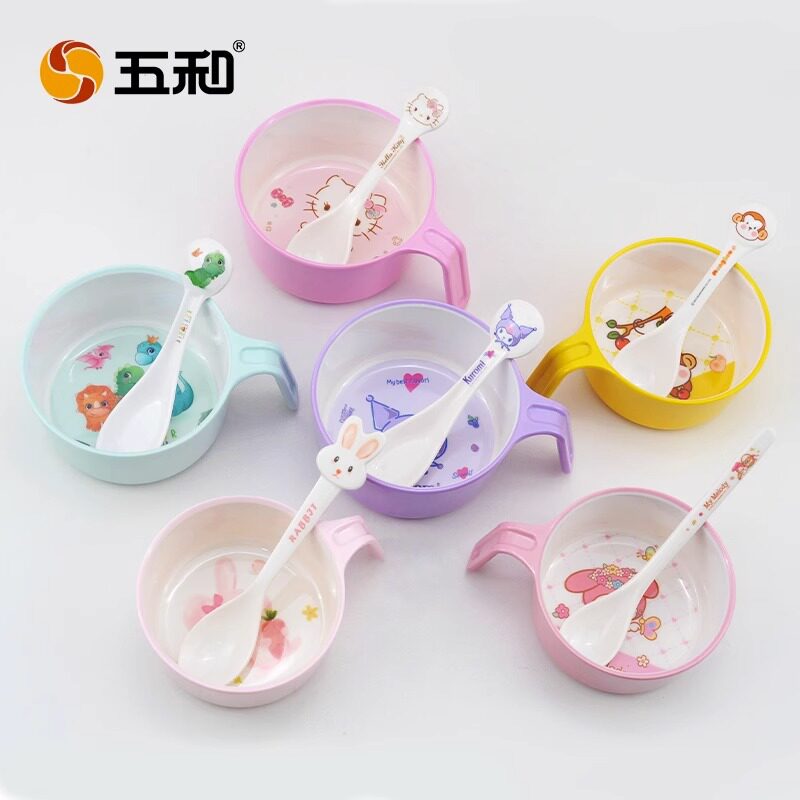 Wuhe Children's Bowl Household with Handle Bowl Baby Food Bowl Drop-resistant Anti-scalding Baby Tableware Student Dining Bowl Spoon