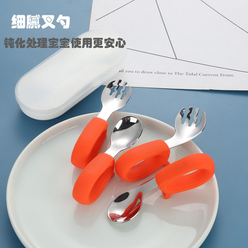 304 Stainless Steel Baby Spoon and Fork, Small Elephant Floating Top, Anti-Dirty Baby Food Spoon, Children's Tableware, Silicone Training Spoon