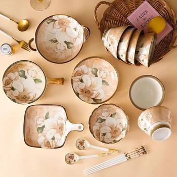Camellia new style high-looking vintage Bucket Bowl soup noodle bowl dish rice bowl dish household ceramic tableware