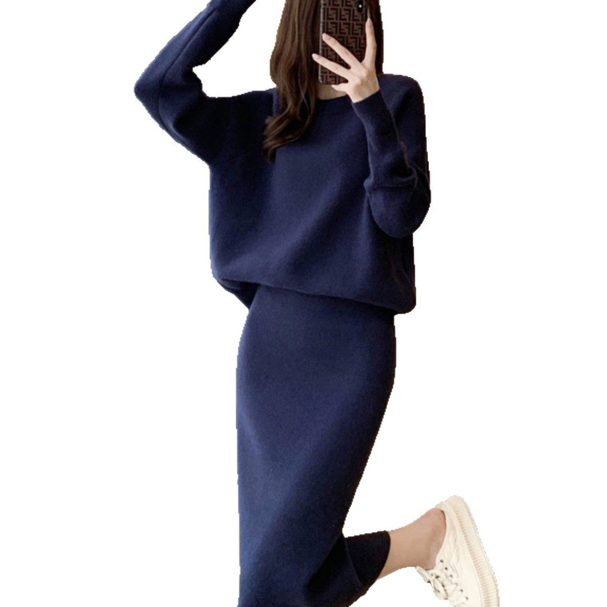 2025 Tweed Style Winter Bat Sleeve Pullover Knitwear Women's Knitwear Two-Piece Skirt Slim Slit over the Knee