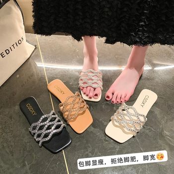 2024 New Summer Foreign Trade New Flat Heel Rhinestone Sandals Women's European and American Leisure Holiday Beach Shops Women's Shops