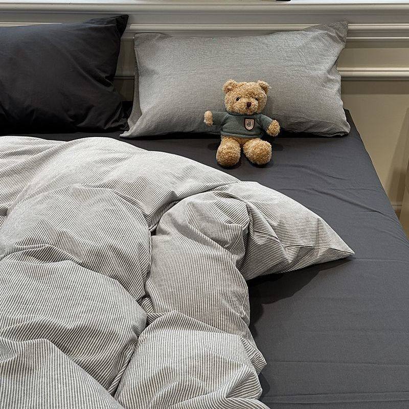 Scandinavian Style Super Soft Waxy Washed Cotton Quilt Cover Bed Bed Sheets Four-Piece Bedding Set Student Dormitory Three-Piece Fitted Bed Sheets Set 4