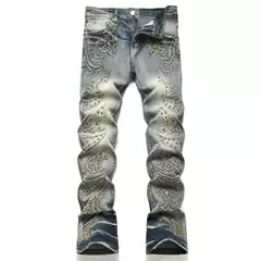 Foreign Trade Style Punk Blue Slim Stretch Willow Patch Youth Straight Bell-Bottom Men's Jeans 3958