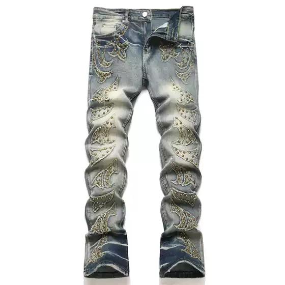 Foreign Trade Style Punk Blue Slim Stretch Willow Patch Youth Straight Bell-Bottom Men's Jeans 3958