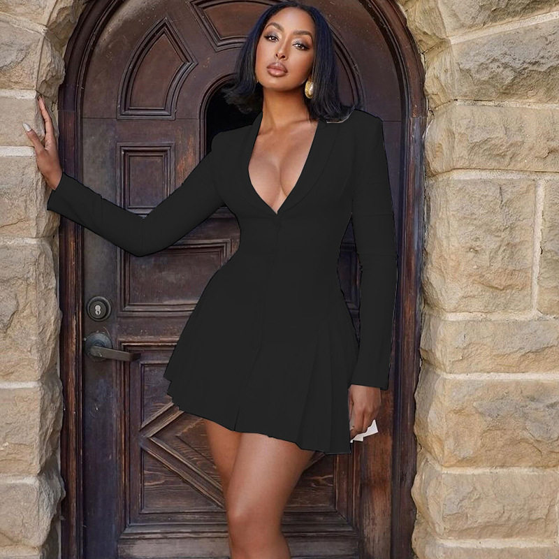Fashionable Womens Dress Solid Color Pleated Skirt Deep V Neck Long Sleeve Casual or Evening Wear Wholesale