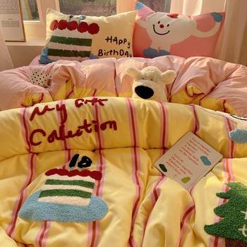 2025 Washed Cotton Four-Piece Bedding Set with Cartoon Towel Embroidery, Quilt Cover, Bed Sheet, Dormitory Student Three-Piece Set with Embroidery Design