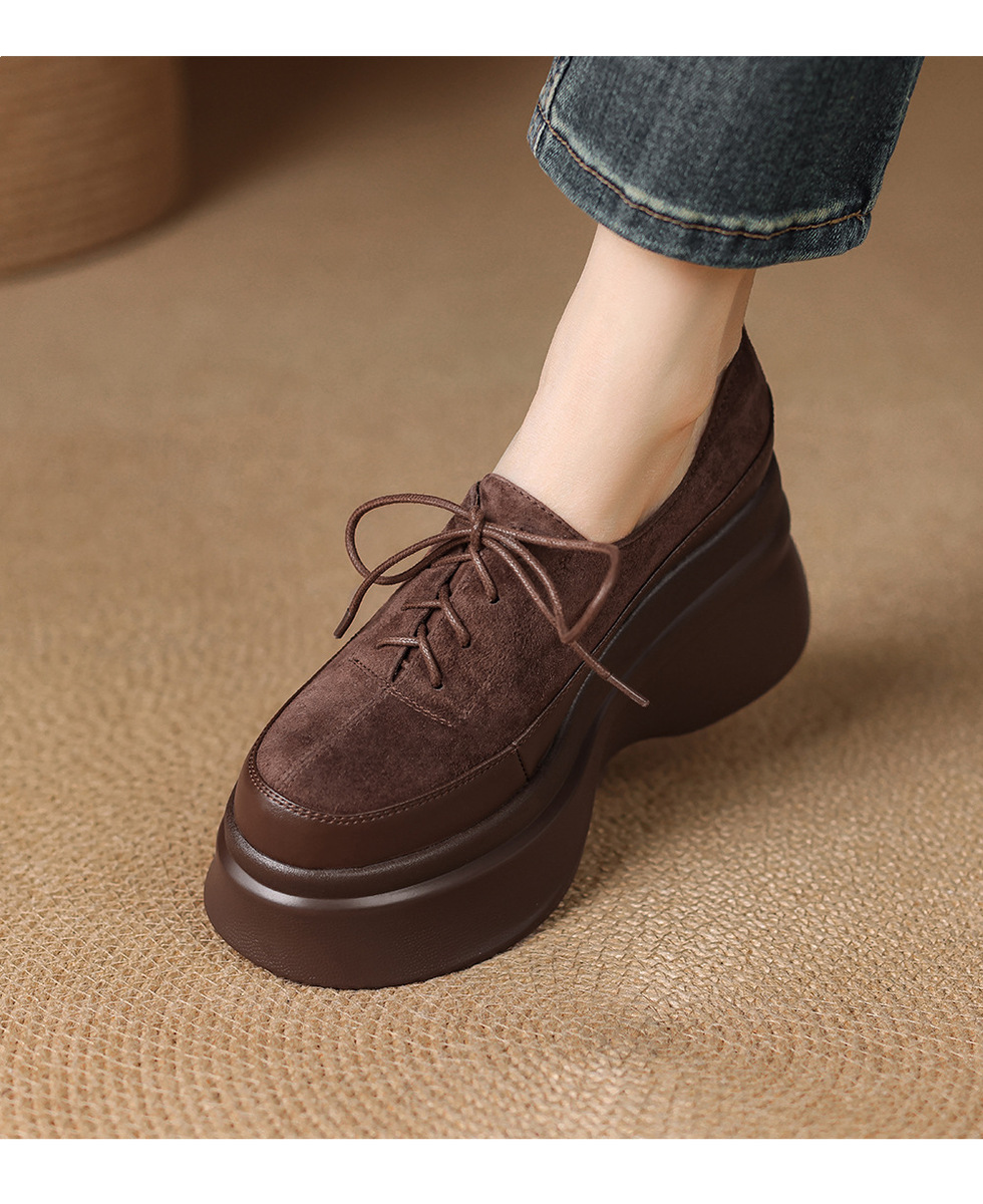 Giày lười nữ đế bánh mì gót xuồng 9cm da lộn cừu buộc dây — màu đen, Màu nâu