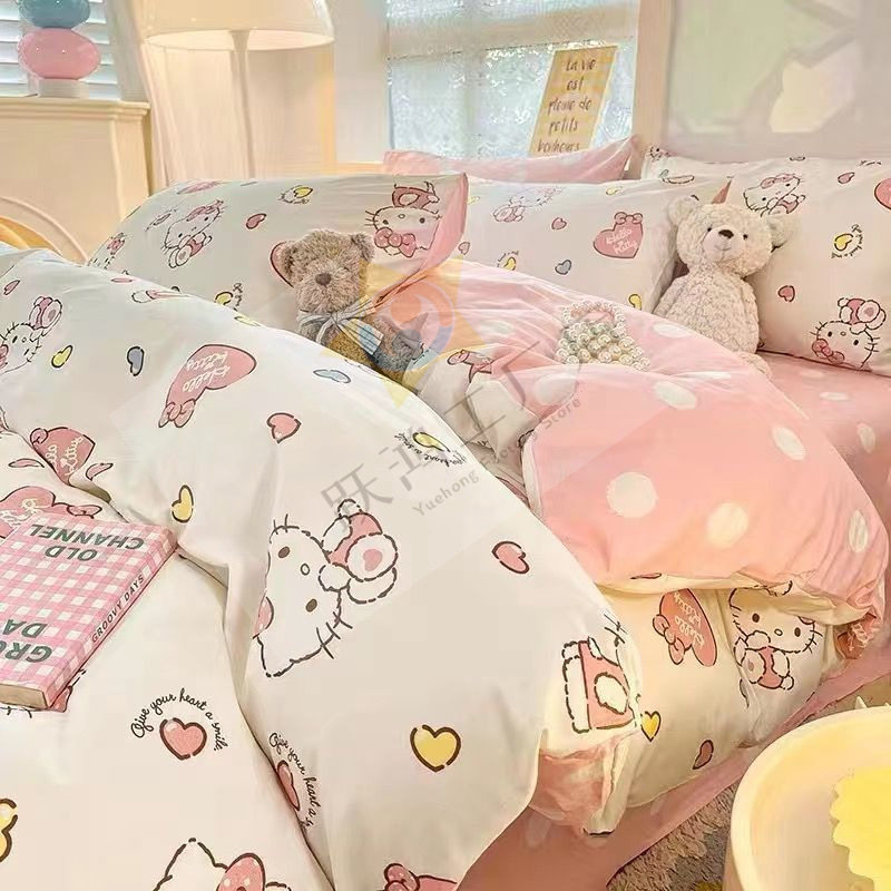 Cartoon Bear Internet Celebrity Washed Cotton Four-Piece Bed Sheet Quilt Cover Bedding Student Three-Piece Dormitory Set