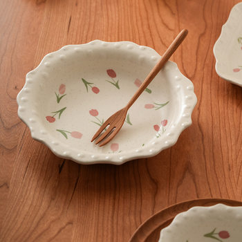 Retro ins style household Tulip wave bead point ceramic tableware plate deep plate rice salad bowl pasta fruit plate