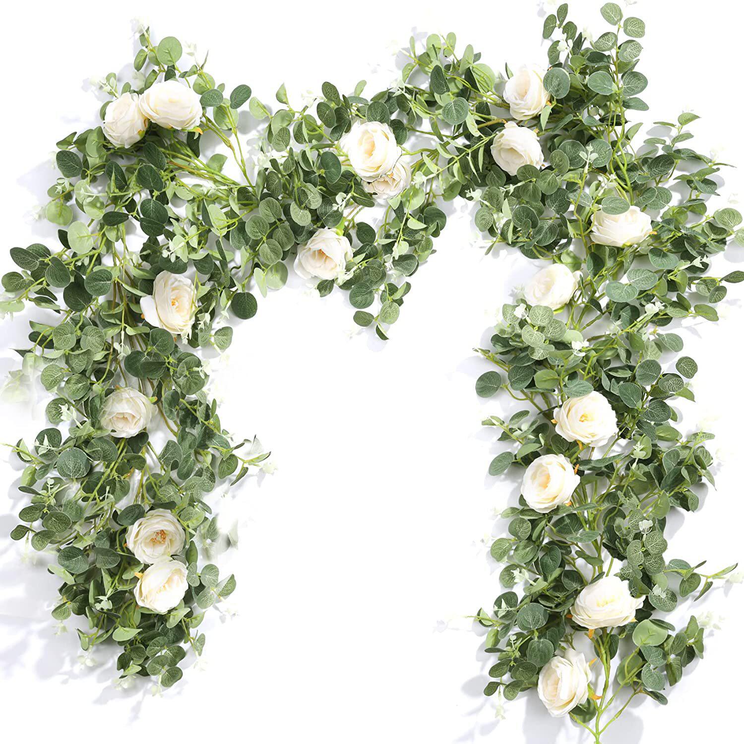 Artificial eucalyptus wreath plus artificial silk cloth rose rattan green decoration rattan wedding arched table wall background
