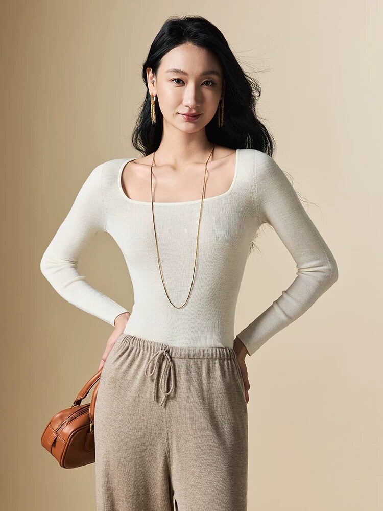 100%美丽诺羊毛方领针织衫修身显瘦薄款长袖上衣气质通勤打底衫女