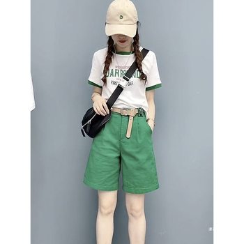 European Station 2025 Short Sleeve Cotton Shirt Slim Fit Letter Print Top Women's Shorts Two-Piece Set Trendy