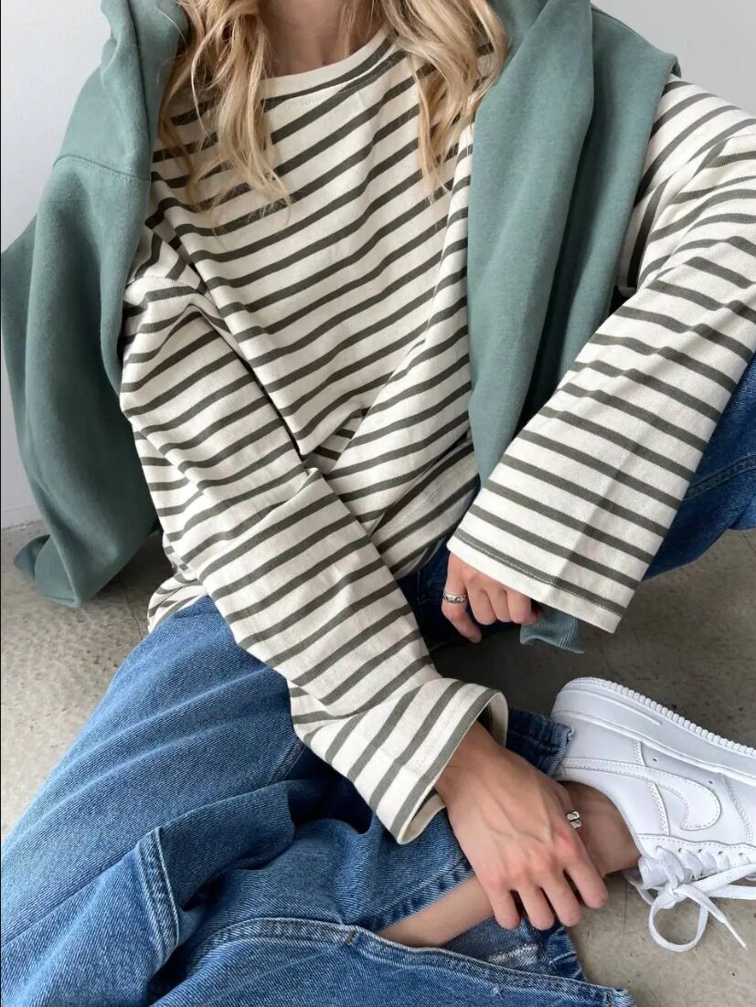 Striped Long Sleeve T Shirt for Women Casual Loose Fit Slimming Design Spring Summer Style Wholesale Available