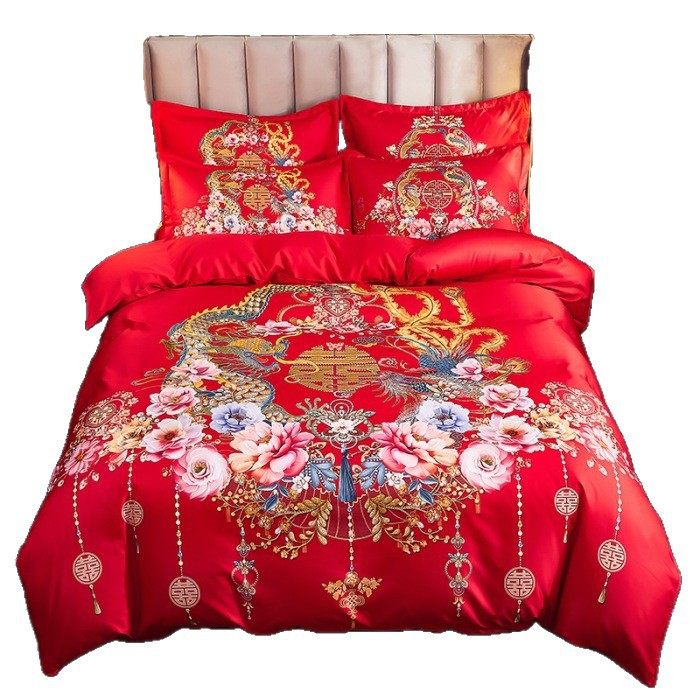 New Classy New Wedding Four-Piece Wedding Gift Set, Red Brushed Cotton Printed 4-Piece Set, Live Broadcast Hot Wholesale