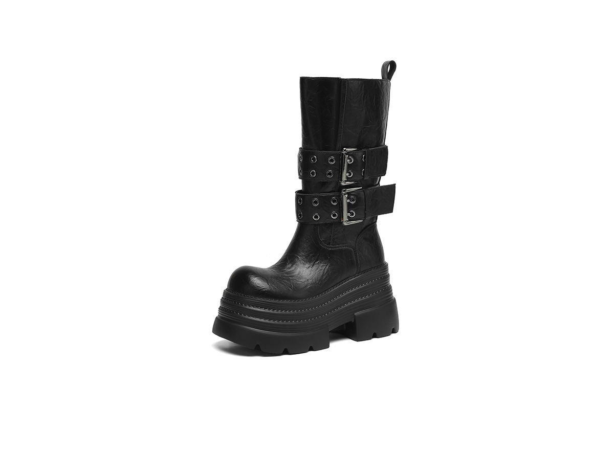 Boot nữ cổ trung đế xuồng cao 10cm khóa thắt lưng da bò — Lớp lót nhung đen, Màu đen một lớp