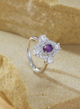 欧美风紫水晶饰品s925纯银首饰时尚项链戒指女镶钻爆闪亮女戒轻奢