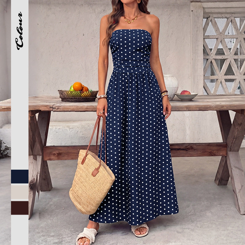 French Style Sleeveless Maxi Dress Polka Dot Design Elegant Vacation Wear Perfect for Summer Events Wholesale