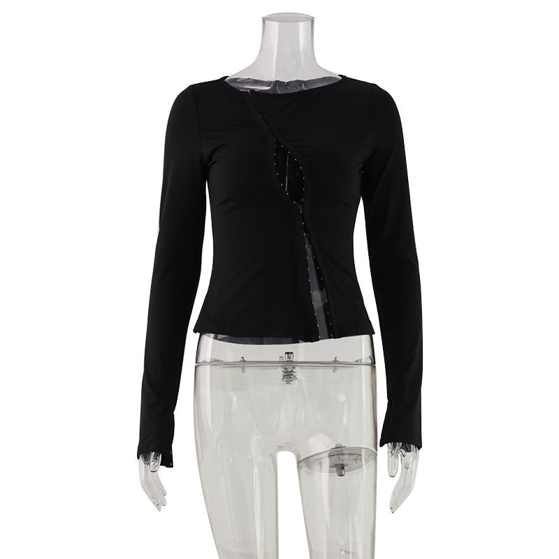 Fashionable Womens Long Sleeve T Shirt Sexy Design Round Neck Button Detail Casual Streetwear Wholesale Available