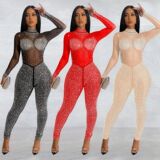 C6203 трансграничный Aliexpress Amazon, европейский и американский модный женский однотонный сетчатый комбинезон с брюками и длинными рукавами в стиле Hot diamond