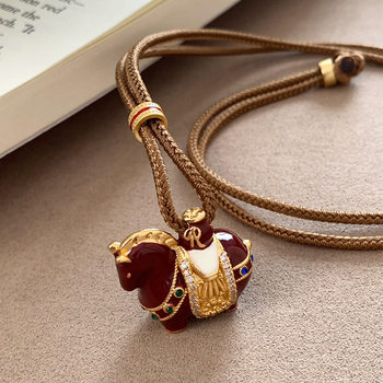 Oil-Drip Enamel Pony Pendant Necklace for Women, Autumn and Winter Long Sweater Chain, Light Luxury High-End Zodiac Year of the Horse Accessory