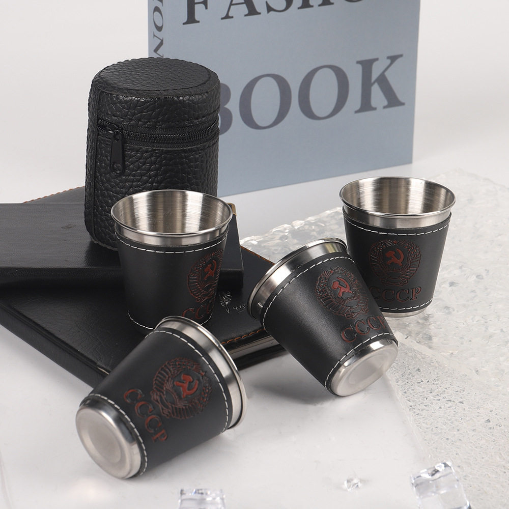 Factory Direct supply stainless steel small wine glass suit portable leather cup cover logo outdoor travel white wine glass spirits glass