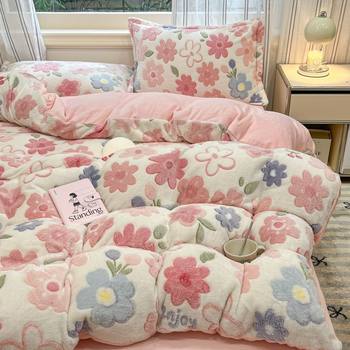 Fresh and Simple Snowflake Velvet Four-Piece Set, Thickened Winter Milk Velvet Three-Piece Set, Plus Velvet Student Dormitory Coral Velvet Duvet Cover