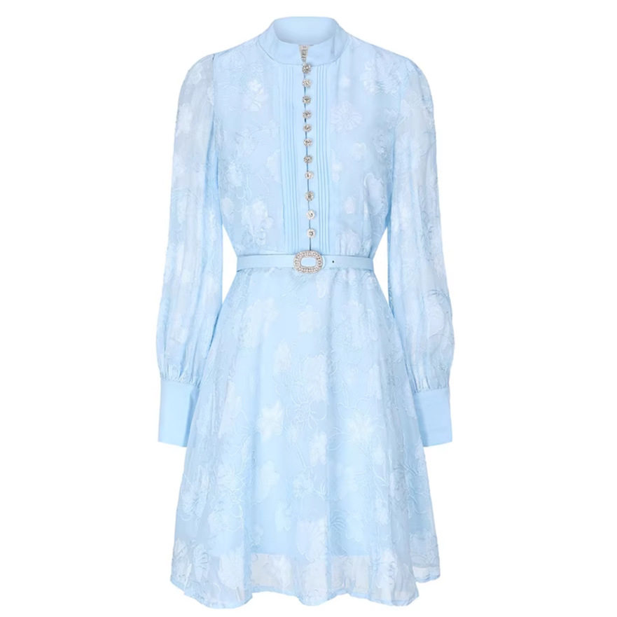 French Style Jacquard Lantern Sleeve Dress Elegant Fit Waist Tie Mid Length Perfect for Early Autumn Wholesale