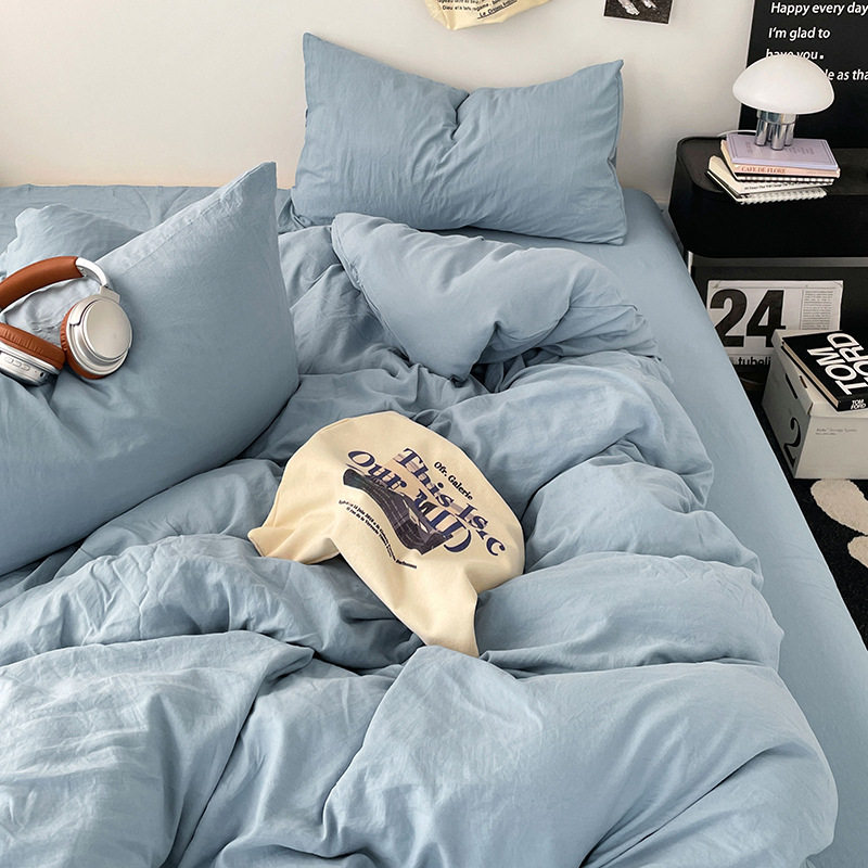 Ins Style Solid Color Cotton Four-piece Set Class A Maternal and Infant Grade Naked Sleeping Bed Sheet Quilt Cover Water Washed Cotton Bedding Three-piece Set