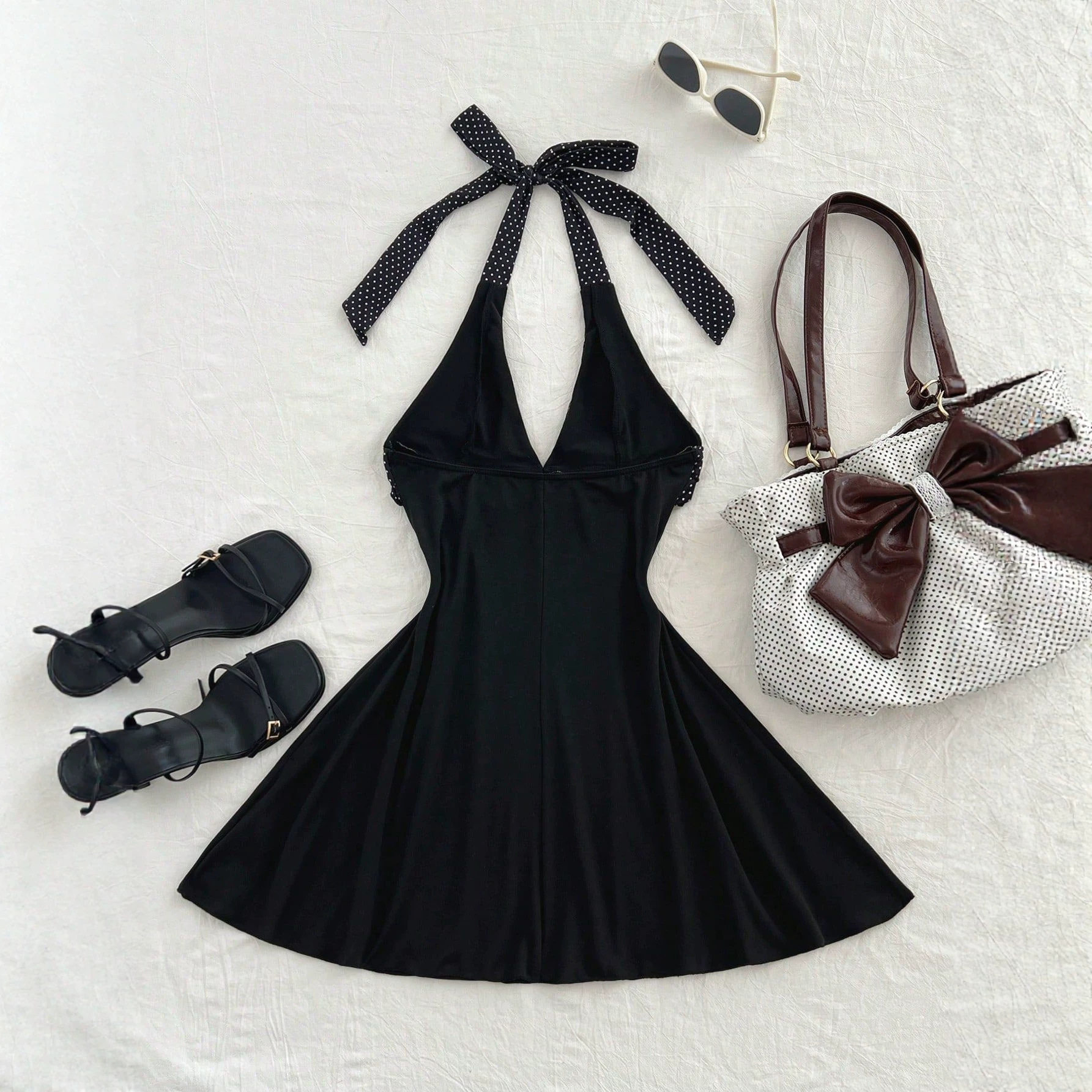 V Neck Halter Mini Dress Ruffled Hem Bow Tie Slim Fit Elegant Evening Wear Ready to Ship private label