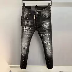 Spring Trendy Brand Ripped Patch Men's Jeans with Slim Fit Design, Youth Fashion Long Pants with Ink Splatter and Tapered Legs