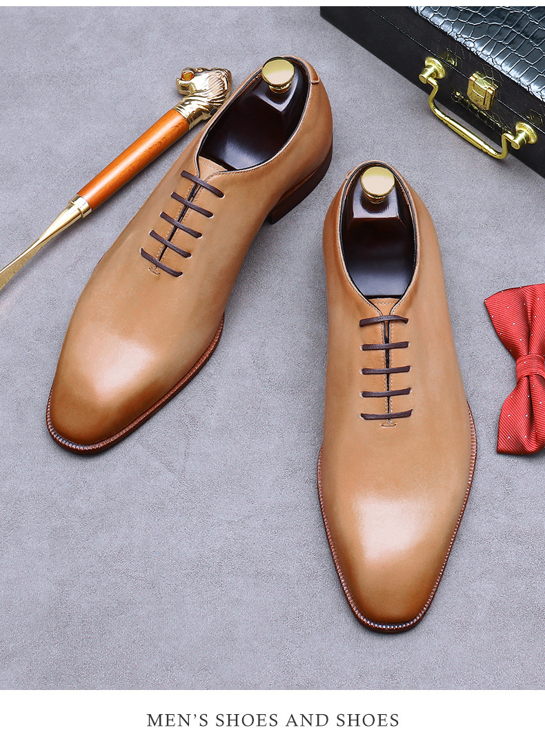 Giày Oxford nam da bò nguyên tấm lót da thật, giày công sở lịch lãm — Màu xanh lục nhạt, Màu vàng đất