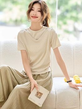 T181 Summer Style, Western Style, Age-Reducing Waist Slimming Look T-Shirt Wide-Leg Pants Two-Piece Suit Jr