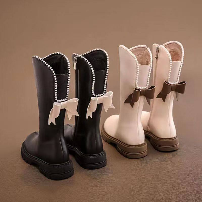 Girls' Autumn and Winter Leather Boots 202 New Style Long Plush-Lined Martin Boots Children's High Boots Girls' Fashion Boots Single Boots