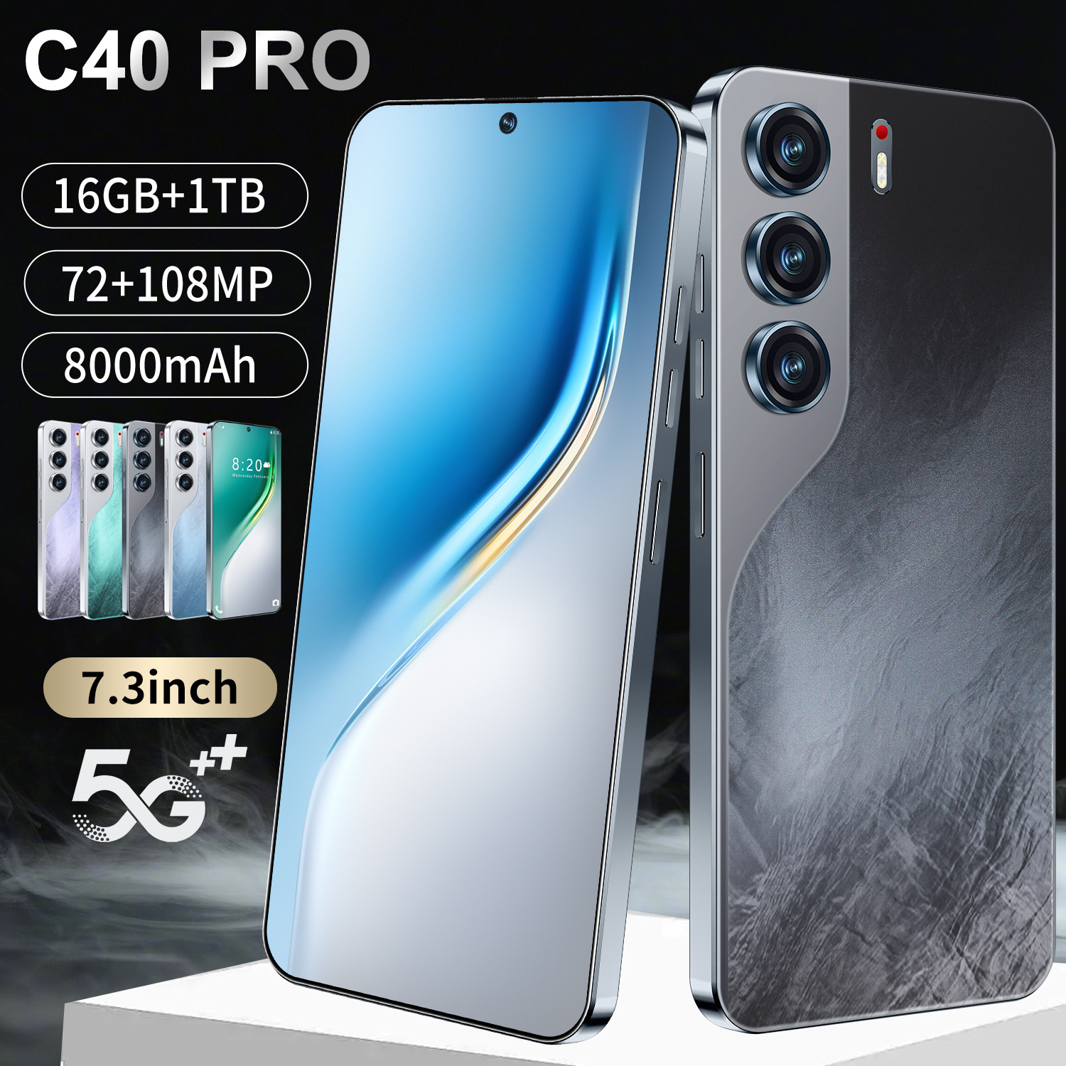 跨境手机C40 Pro 穿孔7.3寸大屏 安卓14外贸热销新款真4G智能手机