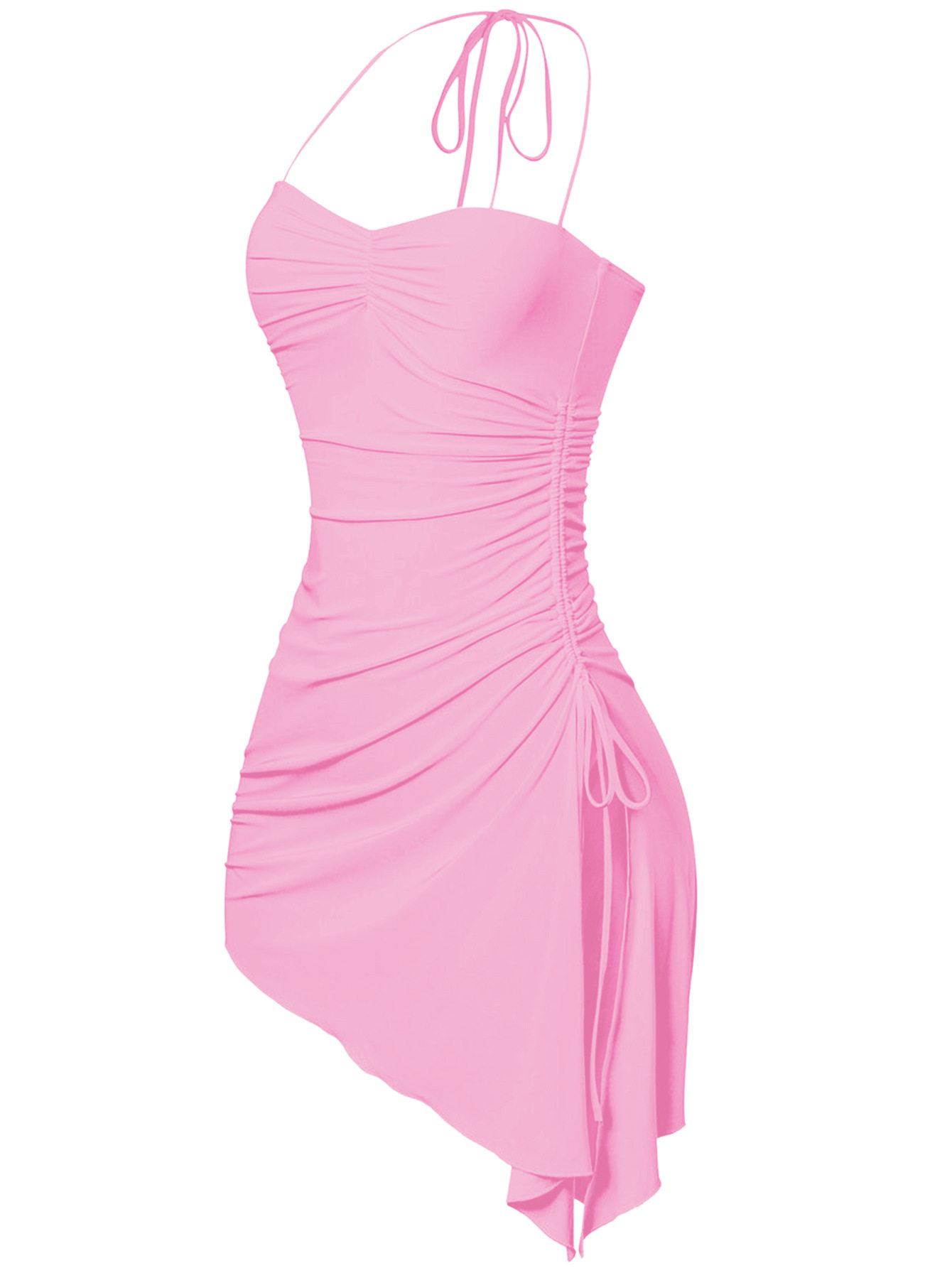Halter Neck Ruched Bodycon Dress Side Slit Irregular Hem Slim Fit Night Out Party Wear Wholesale Available