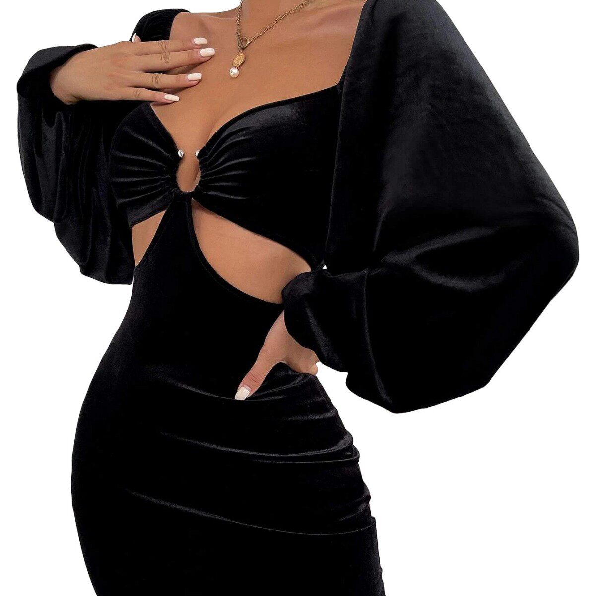 Velvet Bodycon Dress Sexy Hollow Out Design Slim Fit Puff Sleeves Elegant Style Perfect for Parties and Events