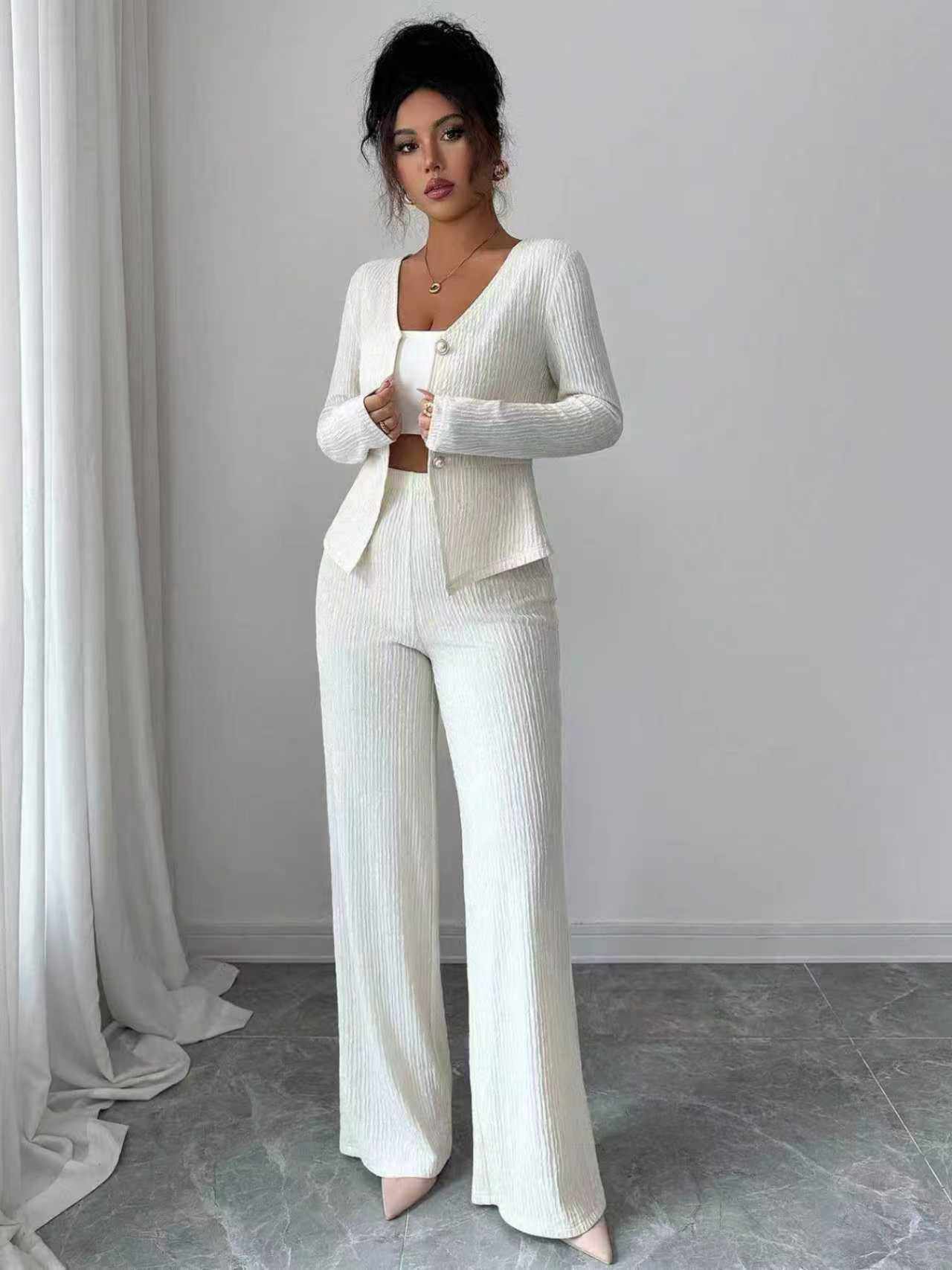 2025 New Autumn and Winter Casual Sports Suit, Lazy Style Slim Sweater, High Waist Knitted Wide Leg Pants Two-Piece Suit