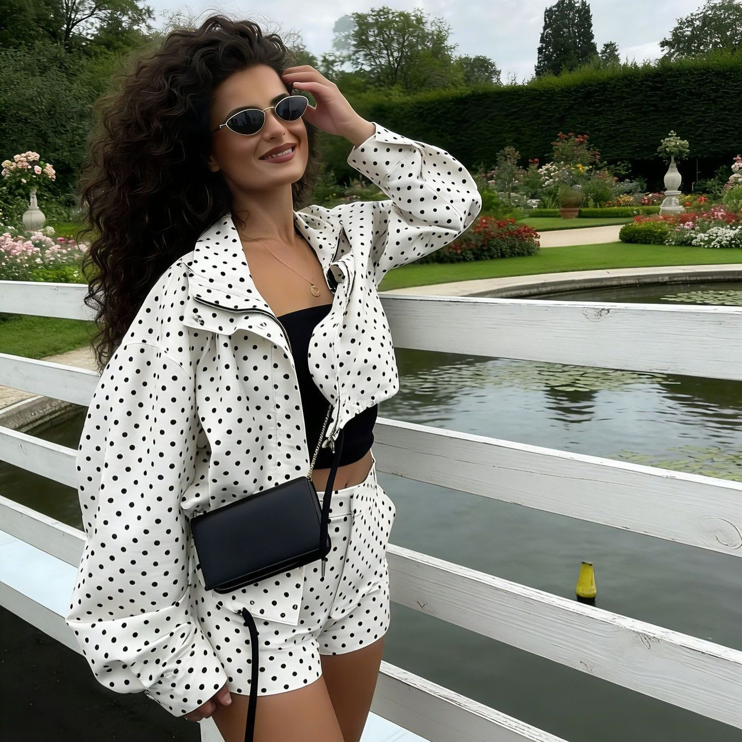 Polka Dot Stand Collar Loose Jacket and High Waist Mini Shorts Set Womens Two Piece Outfit Casual Wear Wholesale